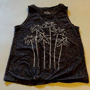 Kids size M (7/8) art class tank top charcoal, gray with white palm trees.